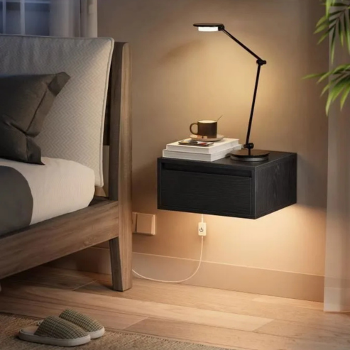 VASAGLE – Table de chevet suspendue avec lumière LED 3 couleurs, tiroir et étagère murale, style moderne pour chambre ou salon (35 x 40 x 18 cm)